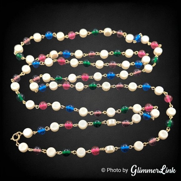 Vintage Long Multicolor Beaded Wire Faux Pearl Flapper Style Gold Tone Necklace - Picture 1 of 11